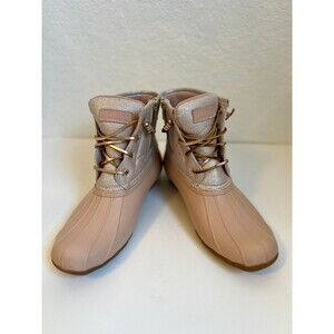 Sperry Glitter Rubber Boot Womens 10 Rose Gold Leather Tie Waterproof Pink STS